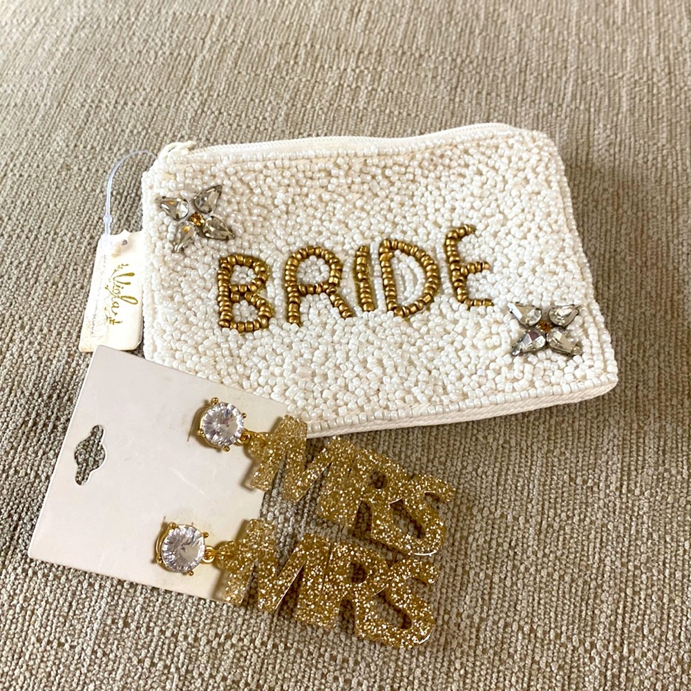 BEADED Gold & Pearl Bride Coin Pouch NWT and (1) Pair of “MRS” Gold Earrings